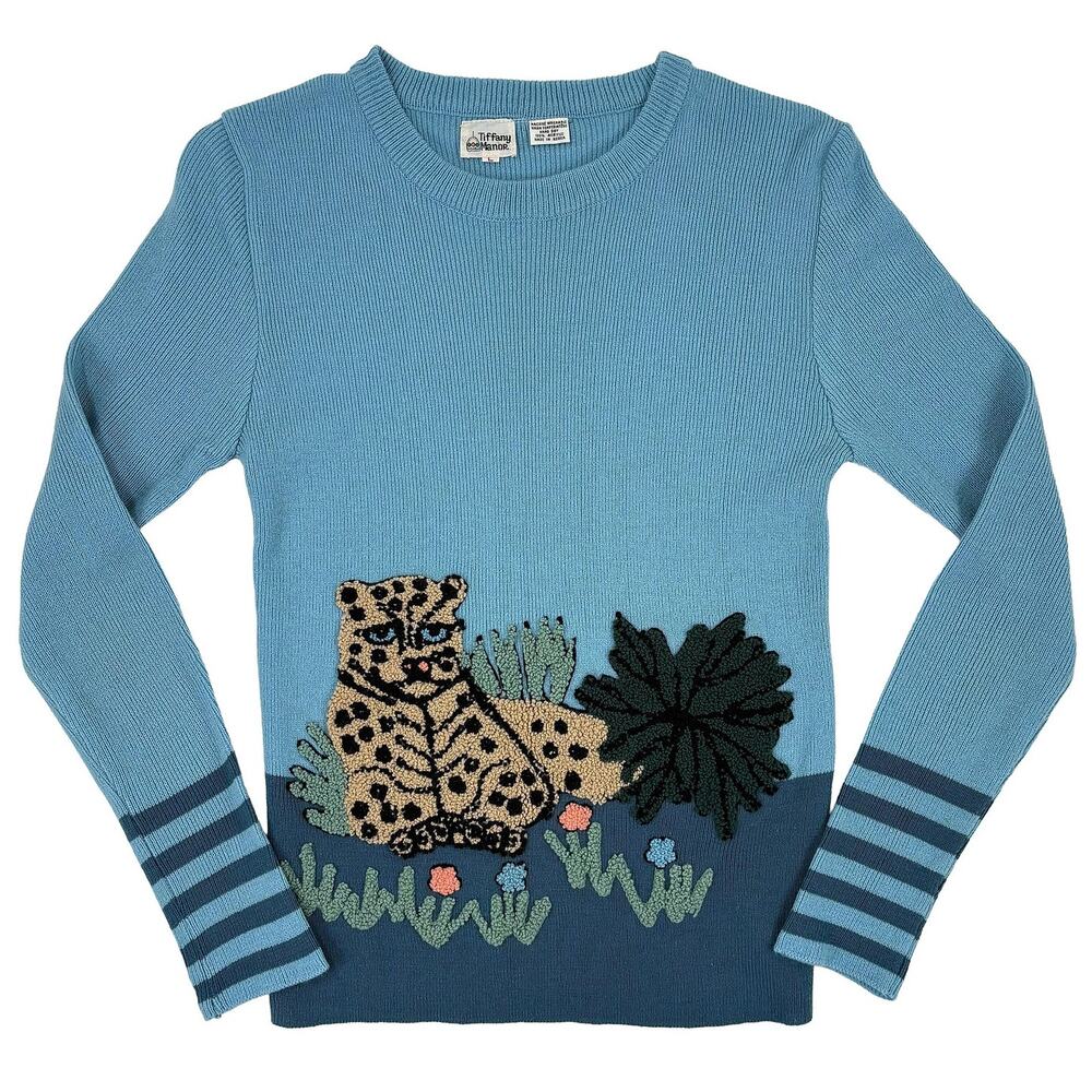 VTG Tiffany Manor Leopard Sweater Women XS Blue Novelty Jungle Animal 80s Korea